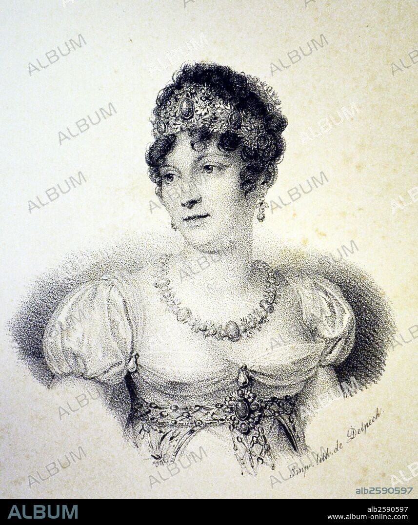 Caroline Murat (1782-1839) youngest sister of Napoleon I of France, wife of Joachim Murat King of Naples 1808-1815.  Lithograph, Paris, c1840. Photo by: .