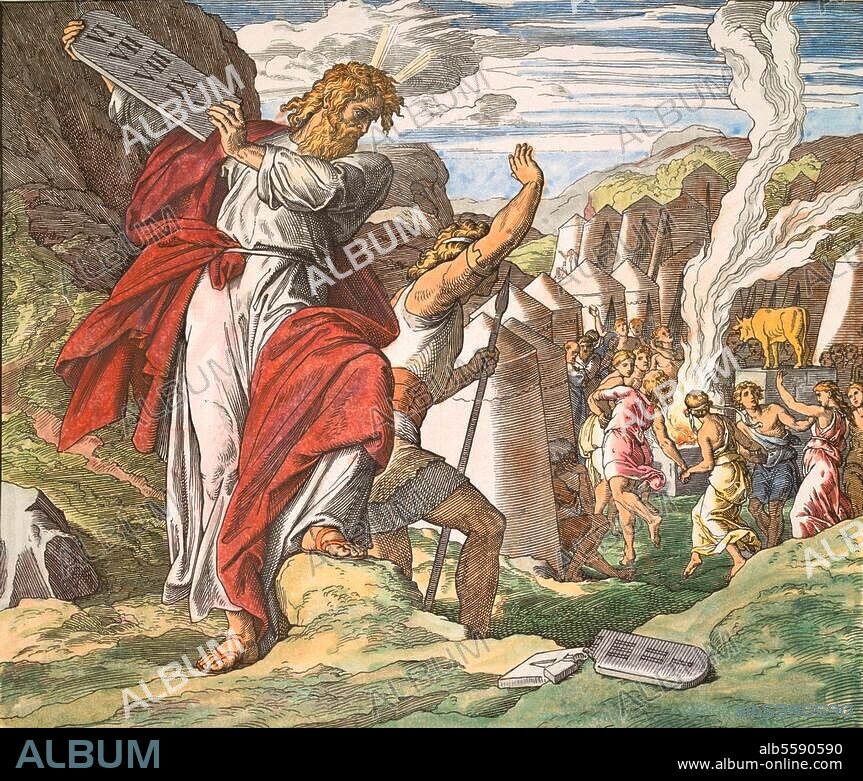 JULIUS SCHNORR VON CAROLSFELD. Schnorr von Carolsfeld, Julius. 1794-1874. -"Moses smashes the tablets of the Law"- (Exodus 32,19). Wood engraving, later colouring. From: The Bible in Pictures, Leipzig, (Georg Wigand) 1860, p. 55. Berlin, Sammlung Archiv für Kunst und Geschichte.