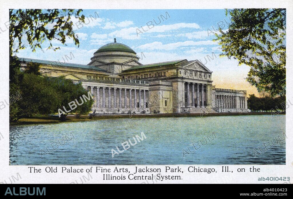 The Old Palace of Fine Arts, Jackson Park, Chicago, Illinois, USA, 1917. Postcard. Designed by Charles B Atwood, the Palace of Fine Arts was built for the 1893 World's Columbian Exposition in Chicago. After the exposition it housed the Columbian Museum, which evolved into the Field Museum of Natural History. The building became vacant after the Field Museum relocated to a new downtown site in 1920, before being chosen as the site for Chicago's Museum of Science and Industry, which it remains today.