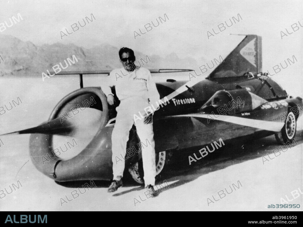 Art Arfons with 'Green Monster' Land Speed Record car, c1966. Arfons set three Land Speed Records in his jet-powered 'Green Monster' car in the 1960s, the fastest being 576.553 mph in 1965. In 1966, when attempting to regain the record from his great rival Craig Breedlove, a wheel came off the car when travelling at over 600 mph. Arfons survived without serious injury, but never regained the record.