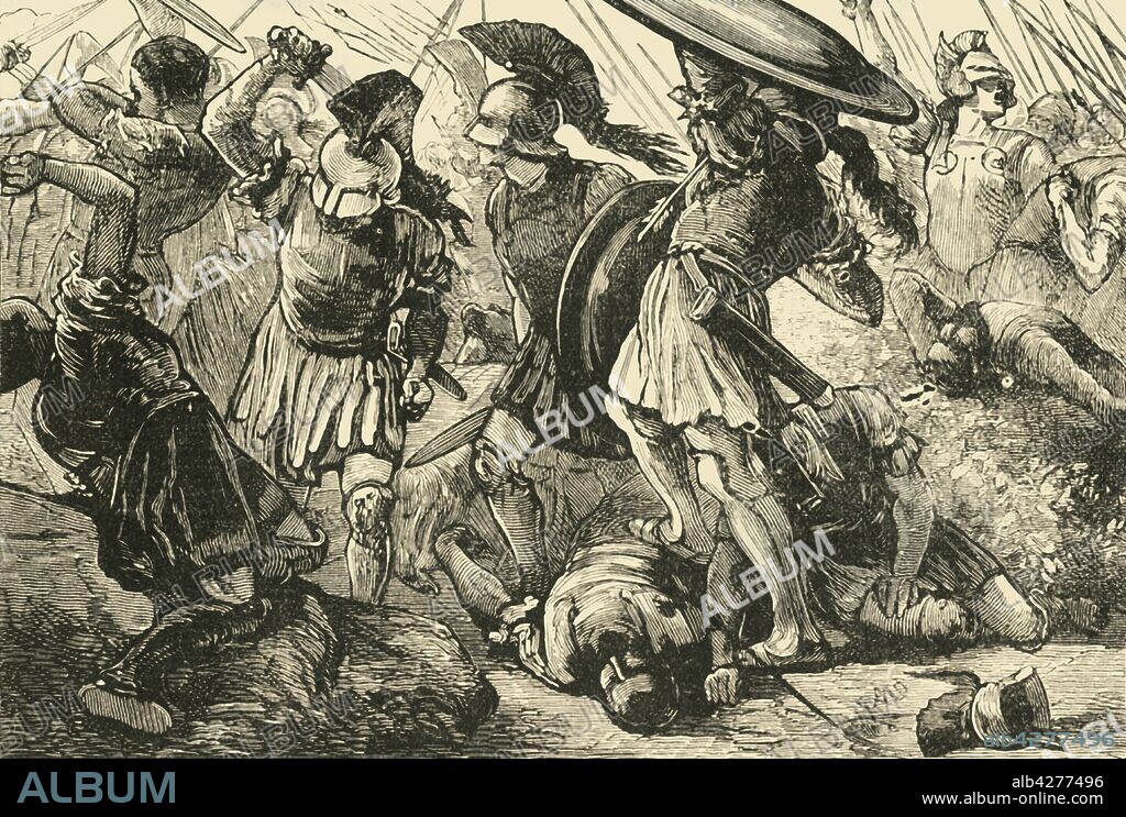 'The Thebans and Macedonians at Chaeronea', 1890. The Battle of Chaeronea, 338 BC, fought between Macedonians led by Philip II of Macedon and an alliance of city-states led by Athens and Thebes. The battle was won by the Macedonians. From "Cassell's Illustrated Universal History, Vol. I - Early and Greek History", by Edmund Ollier. [Cassell and Company, Limited, London, Paris and Melbourne, 1890].