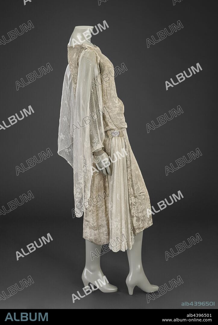 dress, Gisella Gown Shop, Design House, Gisella Kraft, Designer (American, born German, about 1881-1952), about 1923, silk, metallic threads (lamé), embroidered netting, center back 43-1/2 in., center front 41-1/2 in., bust 31 in., waist 31 in., sleeve length 26-1/2 in., shoulders 15 in., Label, sewn: Gisella Gowns, New Haven, Conn., Textile and Fashion Arts.