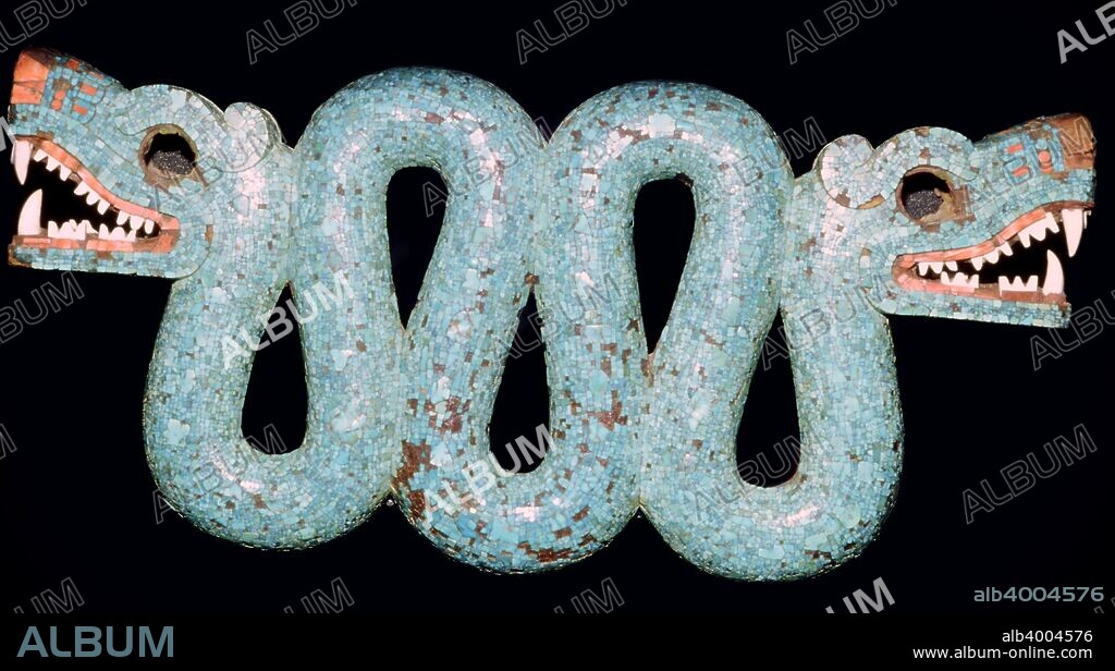 Turquoise mosaic of a double-headed serpent, Aztec/Mixtec, Mexico, 15th-16th century. It is carved in wood and covered with turquoise mosaic. This was probably worn on ceremonial occasions as a pectoral (an ornament worn on the chest). The serpent is associated with many gods including Coatlicue (She of the Serpent Skirt), the mother of the Aztec god Huitzilopochtli. From the British Museum.