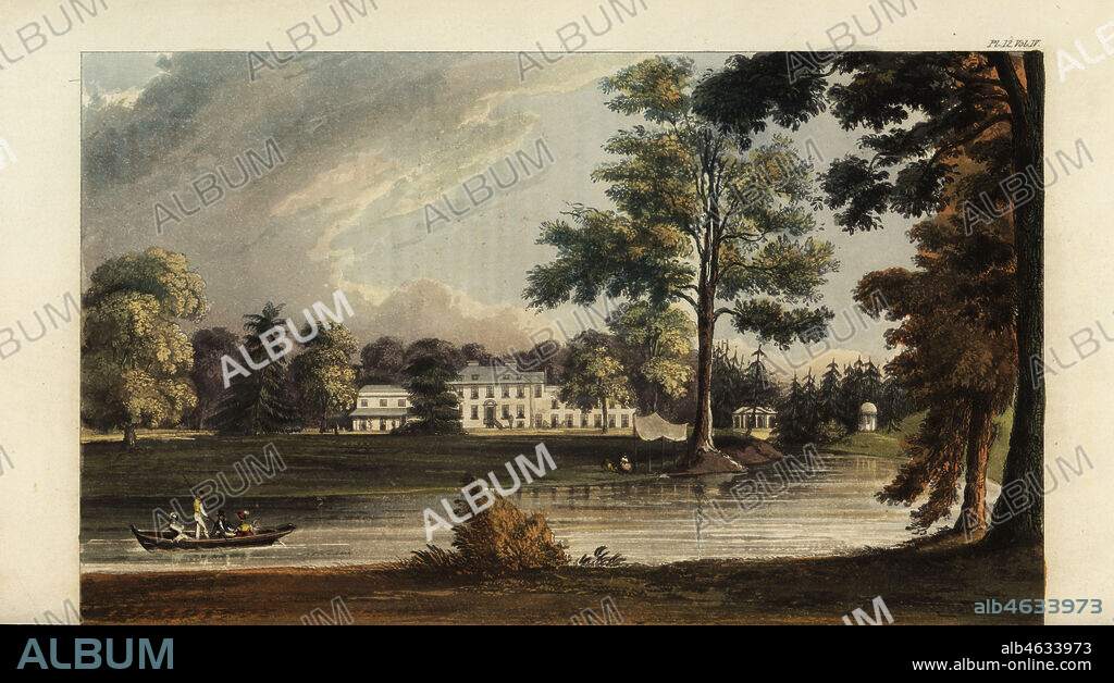 Stoke House, Windsor, seat of Egyptologist Richard William Howard Vyse, built by architect James Wyatt with gardens landscaped by Capability Brown. Handcoloured copperplate engraving after an illustration by John Gendall from Rudolph Ackermanns Repository of Arts, London, 1823.