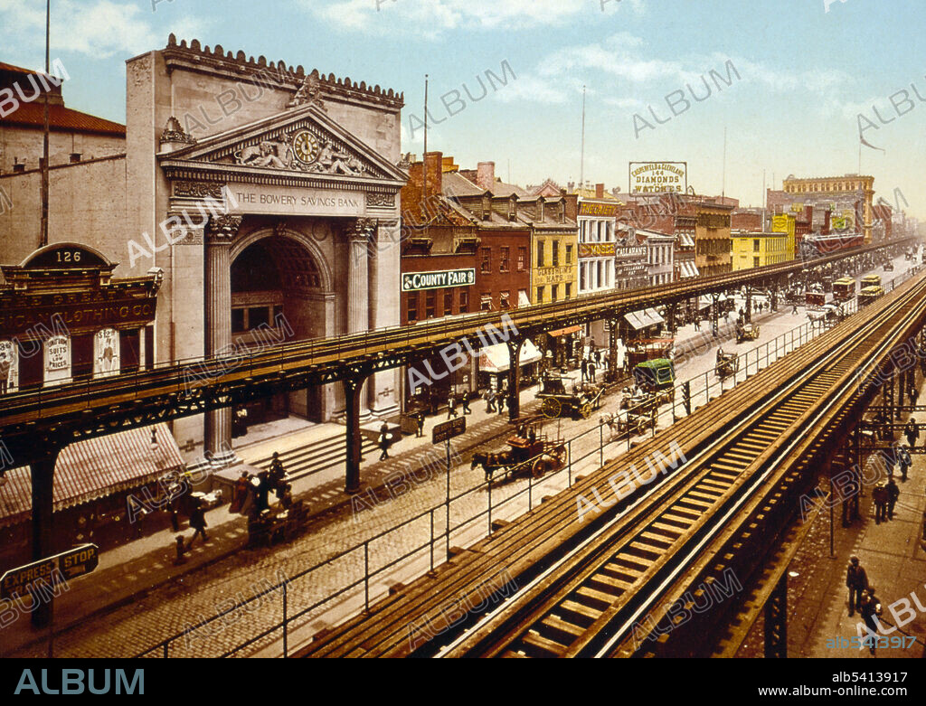 The Third Avenue El (Elevated) over the Bowery, New York City, c. 1900.