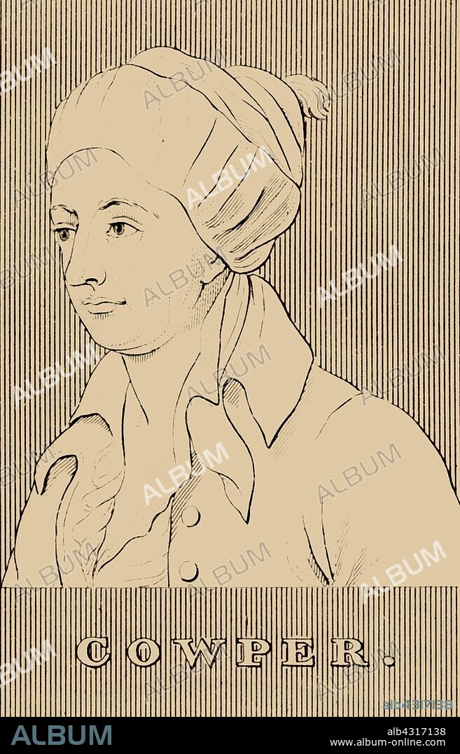 'Cowper', (1731-1800), 1830. William Cowper (1731-1800) English poet and hymnodist, institutionalised for insanity he found refuge in evangelical Christianity, but continued to suffer from doubt and believed he was doomed to eternal damnation. From "Biographical Illustrations", by Alfred Howard. [Thomas Tegg, R. Griffin and Co., J. Cumming, London, Glasgow and Dublin, 1830].