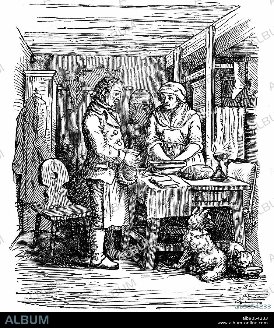 Richard Arkwright (1732-1792) British industrialist and inventor, hearing from a neighbour about clockmaker named Kay living at Warrington. Arkwright and Kay produced model of a spinning machine which was shown at Preston in 1768. Woodcut 1822.