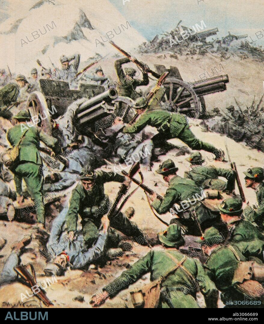 World War I (1914-1918). Italian front. Italian army with bayonet fighting Austro-Hungarian troops.Trentino, North Italy. Drawing by Achille Beltrame (1871-1945). La Domenica del Corriere, 1917. Color.