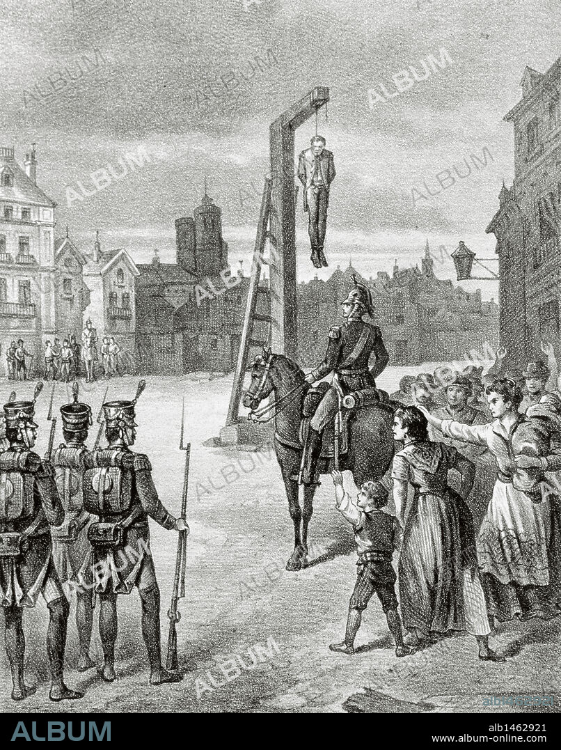 Rafael del Riego (Santa María de Tuñas, 1785-Madrid, 1823). Militar y político liberal español. Proclamó la Constitución de 1812 y restableció las antiguas autoridades liberales. Prisionero de Fernando VII fue acusado de alta traición y condenado a la horca. Ejecución pública de Riego en la Plaza de la Cebada, en Madrid, el 7 de noviembre de 1823. Grabado.