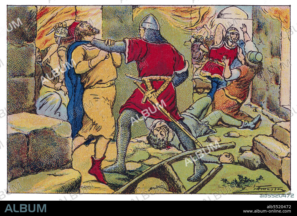 ALBERT MESTRE MORAGAS. Historia de Catalunya. Venganza catalana como consecuencia del asesinato de Roger de Flor (1267-1305) y unos cien almogávares de la Gran Compañía por parte de los bizantinos. Tras el asesinato, los almogávares repelieron ferozmente los ataques de los bizantinos y saquearon toda Grecia, especialmente la Tracia a los gritos de "Aragó, Aragó",? "Sant Jordi" y "Desperta Ferro". Cromo de Xacolata Juncosa. Año 1932.