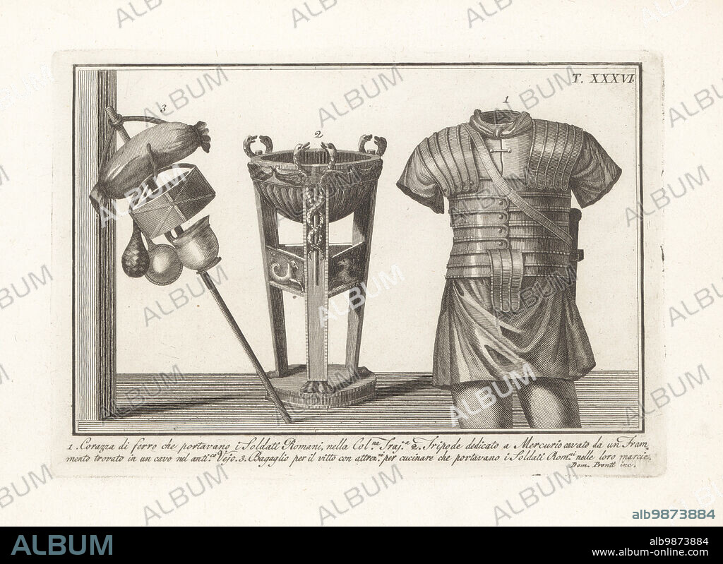Iron breastplate worn by Roman soldiers from Trajan's Column 1, tripod dedicated to Mercury copied from a fragment found in ancient Vejo 2, and pack with rations and cooking utensils carried by Roman centurions on the march 3. Copperplate engraving by Domenico Pronti from his own New Collection Representing Religious, Civil and Military Costumes of the Ancient Egyptians, Etruscans, Greeks and Romans, Nuova Raccolta Rappresentante I Costumi Religiosi Civili e Militari, Rome, 1805.