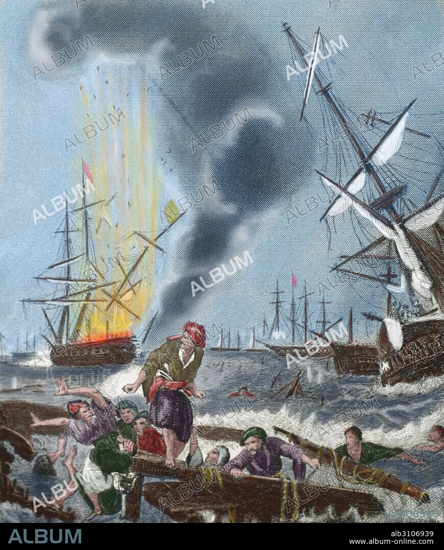 Battle of Navarino. 20 October 1827. Greek War of Independence (1821-32). Coast Peloponnese. Belligerents: Allied forces of British, French and Russian against Ottoman Empire. Allies' victory. Engraving. Colored.
