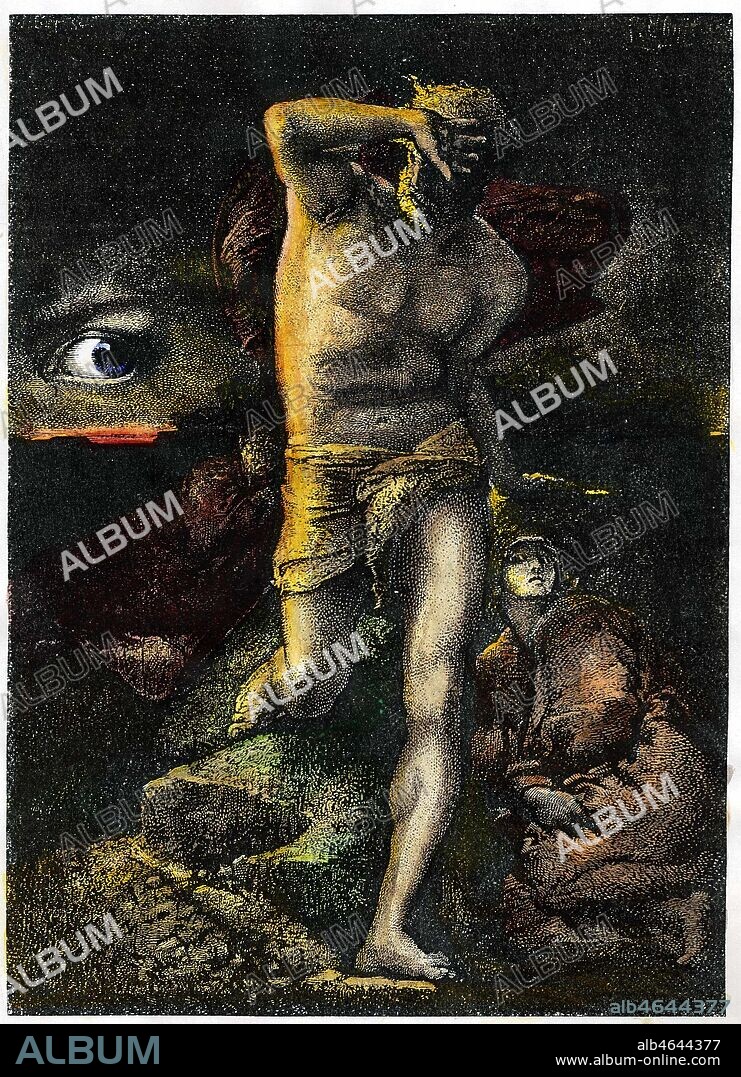 ' La Conscience, ' gravure mise en couleur illustrant un vers de Victor HUGO (1802-1885) tire de La Legende des Siecles : ' Et l'oeil etait dans la tombe et regardait CAIN.' Credit : Coll. Jonas/Kharbine-Tapabor.
