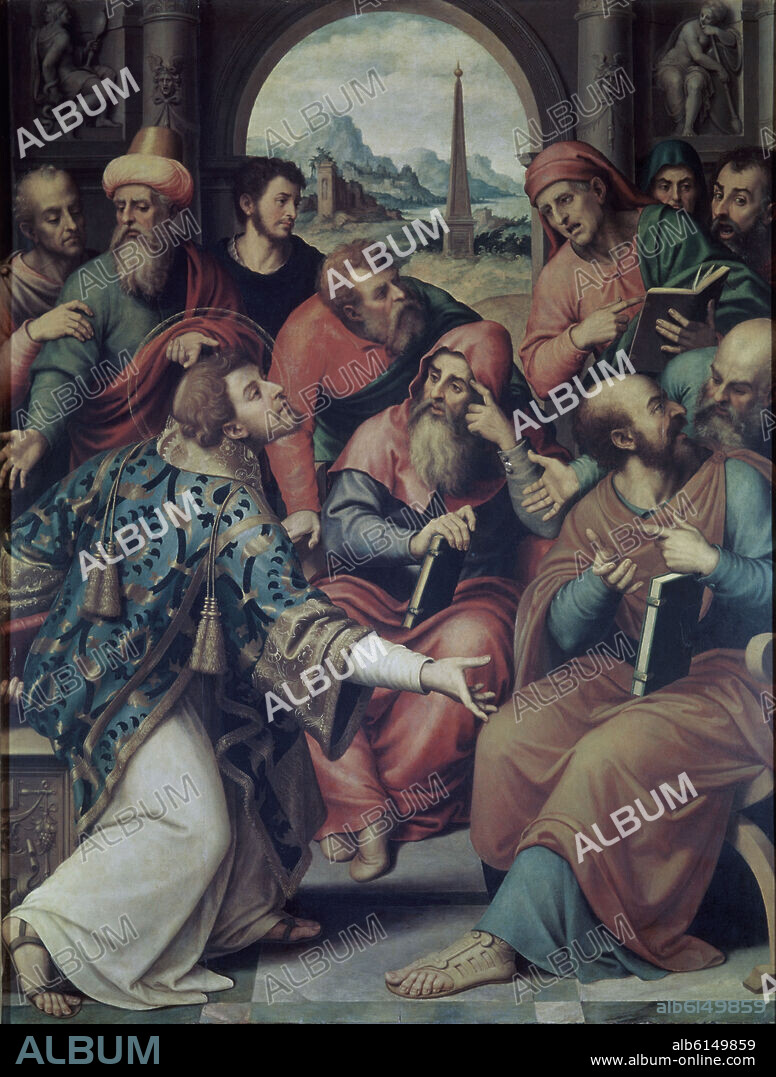 JUAN DE JUANES (1510-1579). SAN ESTEBAN EN LA SINAGOGA - SIGLO XVI - OLEO/TABLA - 160 x 123 cm - NP 838 - RENACIMIENTO ESPAÑOL.