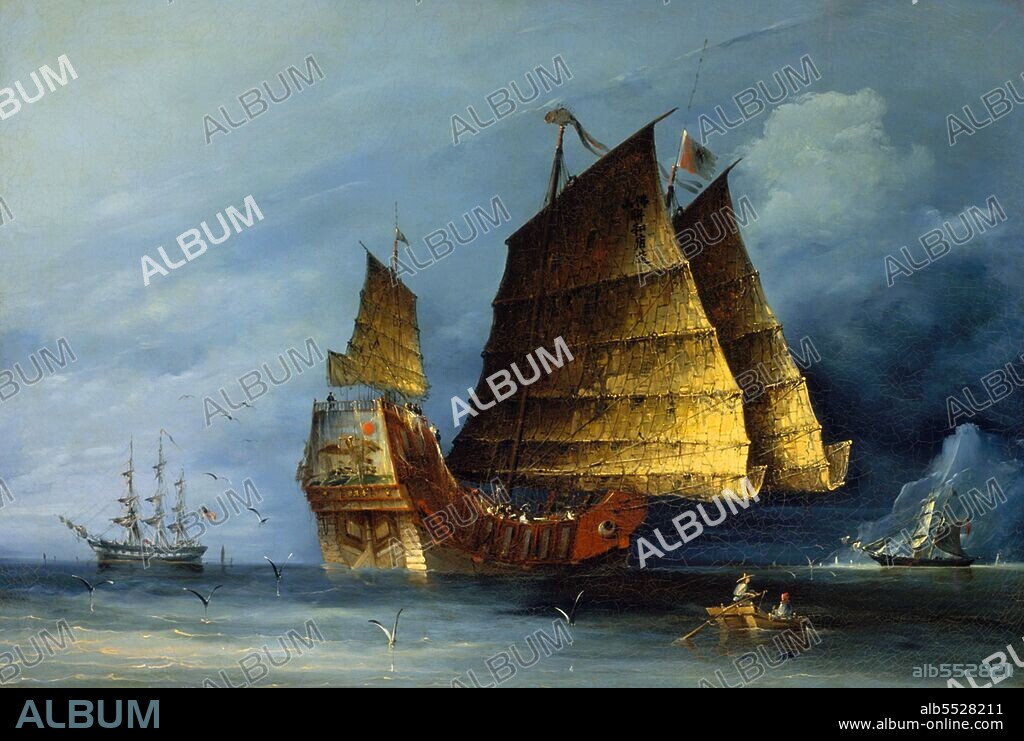 On the sail of the junk shown there is an inscription bearing five Chinese characters, namely, 'Fo Shan Lian He Dian Zao' ('manufactured by the United Shop in Foshan') The inscription probably refers to the manufacturer of the sails. Painted on the stern of the junk are three Chinese characters 'Li Wan Jin' ( from right to left), literally 'May our profit be ten thousand pieces of gold'. To the left is an American full-rigged ship, possibly a warship or a trader decorated in 'painted ports' style; to the right a rakishly rigged and fast British brigantine.