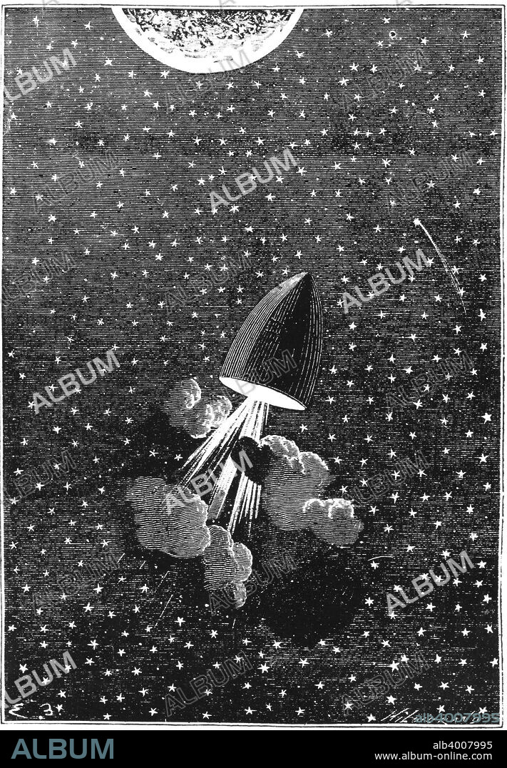 Jules Verne (1828-1905), Autour de la Lune, 1865. Space capsule manoeuvering ready for Moon landing.