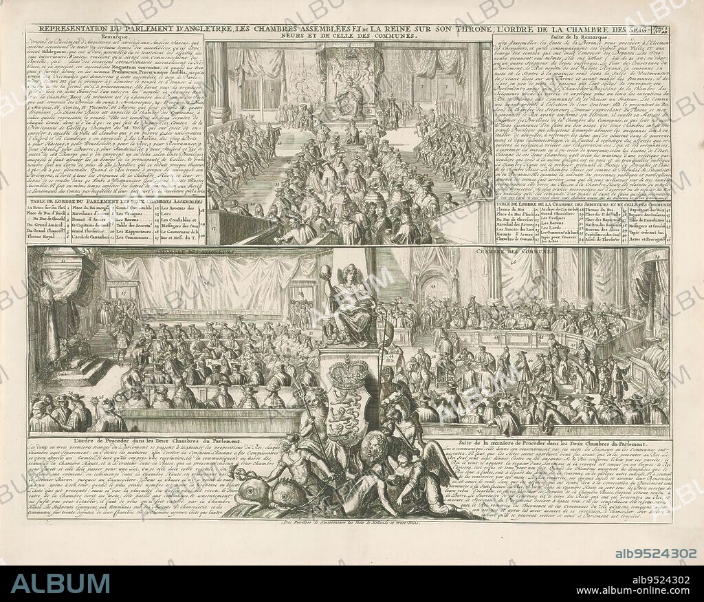 Session of the English Parliament, 1708, Representation du parlement d'Angletrre, les chambres assemblées et da la reine sur son throne (...) (title on object), Sheet on the customs of the English Parliament,1708. Above a representation of a joint session of the House of Lords and the House of Commons, presided over by the Queen. Below left a session of the House of Lords, right the House of Commons. With legends and explanations in French. Marked at top right: Tome 2 No. 49. From Chatelain's Atlas Historique., print maker: anonymous, Staten van Holland en West-Friesland, (mentioned on object), Low Countries, 1706 - 1708, paper, etching, engraving, height 359 mm × width 476 mm.