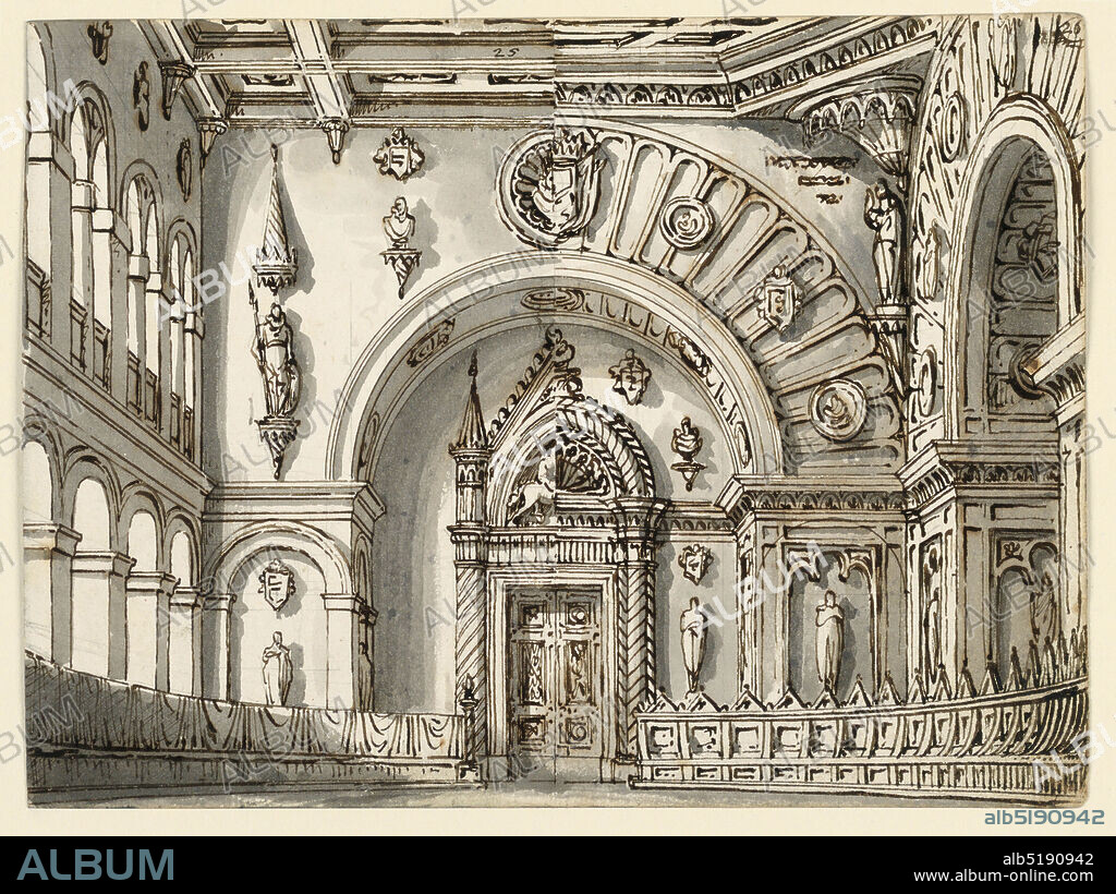 Stage Design, Council Room in Two Gothic Styles, Romolo Achille Liverani, Italian, 1809 - 1872, Alessandro Sanquirico, Italian, 1777 - 1849, Pen and brown ink, brush and gray wash, graphite on wove paper, Horizontal rectangle. Interior of Gothic council room in two versions with rows of seats on either side., Italy, early 19th century, theater, Drawing, Drawing.
