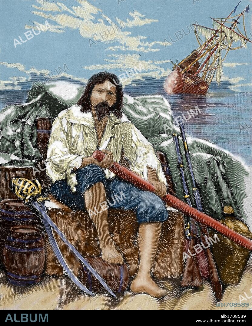 LITERATURA INGLESA-SIGLO XVII. DEFOE, Daniel (Londres,1660-Londres,1731). Novelista inglés. "ROBINSON CRUSOE". Grabado coloreado con la representación de Robinson Crusoe rescatando del barco todo lo que era posible llevarse antes de su hundimiento.