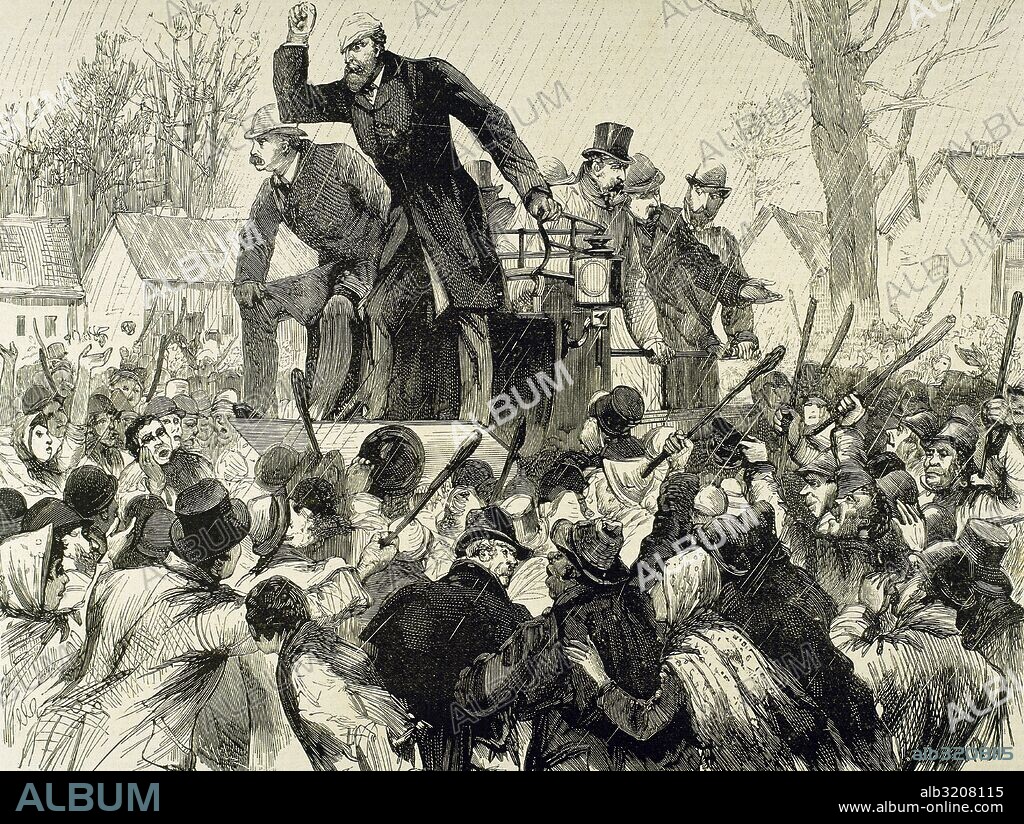 PARNELL, Charles Stewart (Avondale,1846-Brighton, 1891). Político irlandés. Desde 1875 fue miembro del Parlamento británico y en 1877 fue elegido presidente del Home Rule. Lider de este partido organizó una gran agitación revolucionaria, de carácter agrario. MR. PARNELL ARENGANDO A LOS ELECTORES ALBOROTADOS, LA VISPERA DE SU DERROTA EN KILKENNY, IRLANDA. Grabado por Capuz.
