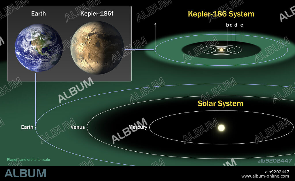 Diagram comparing the planets of our inner solar system to Kepler-186, a five-planet star system about 500 light-years from Earth in the constellation Cygnus. The five planets of Kepler-186 orbit an M dwarf, a star that is half the size and mass of the sun. The Kepler-186 system is home to Kepler-186f, the first validated Earth-size planet orbiting a distant star in what astronmers call the "habitable zone", a range of distance from a star where liquid water might pool on the planet's surface. The discovery of Kepler-186f confirms that Earth-size planets exist in the habitable zones of other stars and signals a significant step toward finding a world similar to Earth. The size of Kepler-186f is known to be less ten percent larger than Earth, but its mass and composition are not known. Kepler-186f orbits its star once every 130 days, receiving one-third the heat energy that Earth does from the sun. This places the planet near the outer edge of the habitable zone.