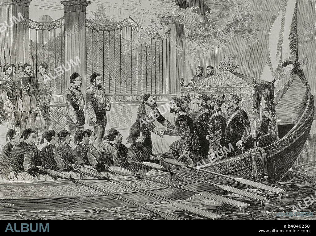 BERNARDO RICO (1825-1894). SPANISH ENGRAVER.. Russo-Turkish War of 1877-1878. Generals Ahmed Vefik Pasha and Reouf Pasha receive Grand Duke Nicholas Nikolaevich of Russia (1831-1891) at the Dolmabahçe Palace, on March 26, 1878, to assist to the first meeting with the Sultan of Turkey Abdulhamid II (1842-1918). Engraving by Rico. La Ilustración Española y Americana, 1878.