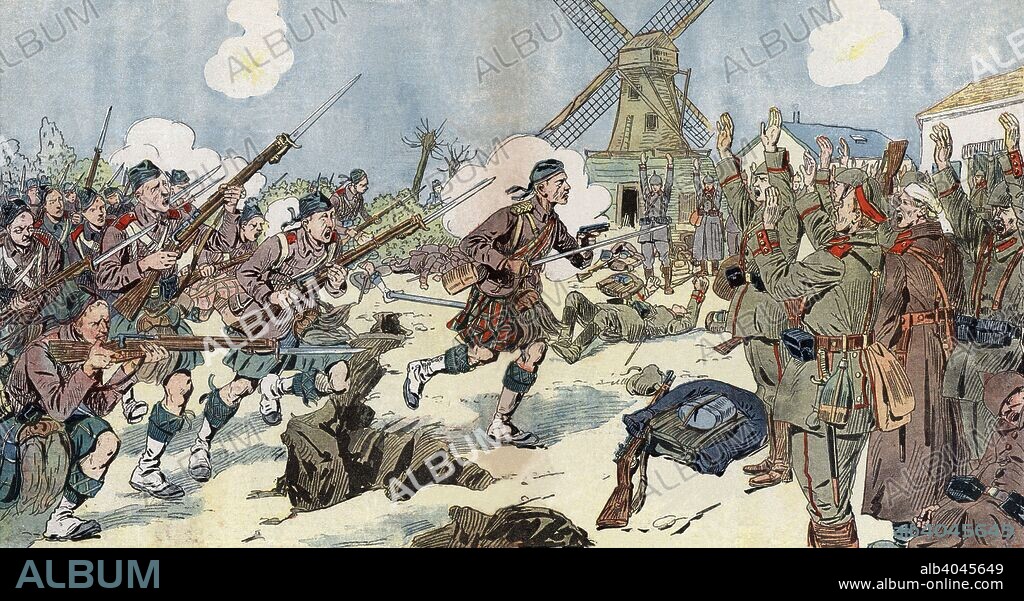 Primera guerra mundial (1914-1918). Rendición de tropas alemanas ante soldados escoceses tras la batalla de Langemark, Flandes, en ocubre de 1914.