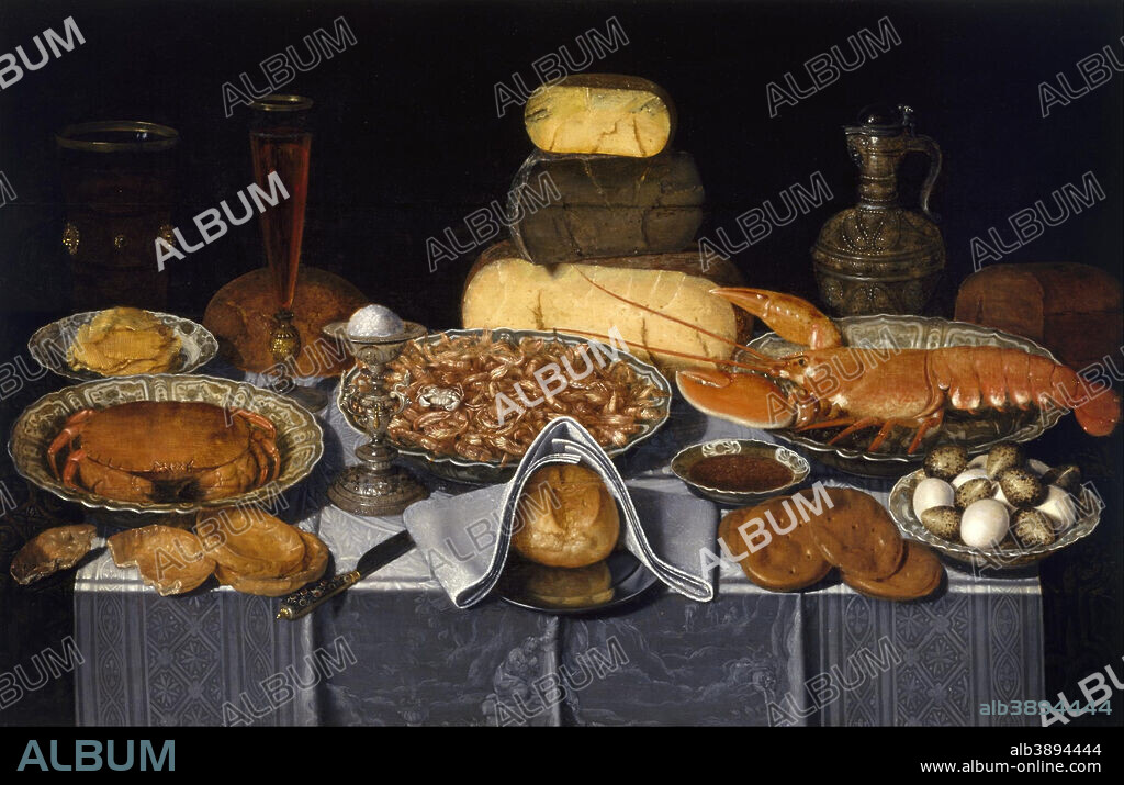CLARA PEETERS. Still Life with Crab, Shrimps and Lobster. Date/Period: Ca. 1635 - 1640. Painting. Oil on wood Oil on wood. Height: 708 mm (27.87 in); Width: 1,089 mm (42.87 in).