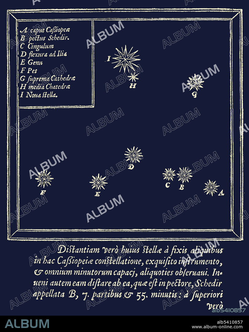 Coloured star map of the constellation Cassiopeia showing the position of the supernova of 1572; from Tycho Brahe's De nova stella. The supernova of 1572 is often called Tycho's supernova, because of his extensive work De nova et nullius aevi memoria prius visa stella. Tycho Brahe (December 14, 1546 - October 24, 1601) was a Danish astronomer and alchemist. He was the last of the major naked eye astronomers, working without telescopes for his observations, and is credited with the most accurate astronomical observations of his time. His data was used by his assistant, Johannes Kepler, to derive the laws of planetary motion.
