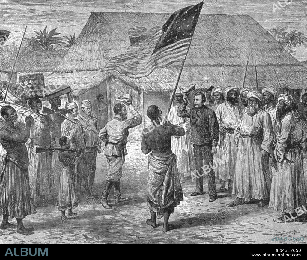 'Livingstone's Exploration of Lake Tanganyika: The Great Missionary-Explorer found by Stanley, 1870, at Ujiji', (1901). The historic meeting between Henry Morton Stanley (1841-1904) Welsh explorer and journalist, and David Livingstone (1813-1873) Scottish missionary and African explorer, at Ujiji on the shores of Lake Tanganyika, 10 November 1871. Stanley had been sent to locate Livingstone, who had gone missing after being taken ill. He greeted Livingstone with the famous words: 'Dr Livingstone, I presume?'. From "The Illustrated London News Record of the Glorious Reign of Queen Victoria 1837-1901: The Life and Accession of King Edward VII. and the Life of Queen Alexandra". [London, 1901].
