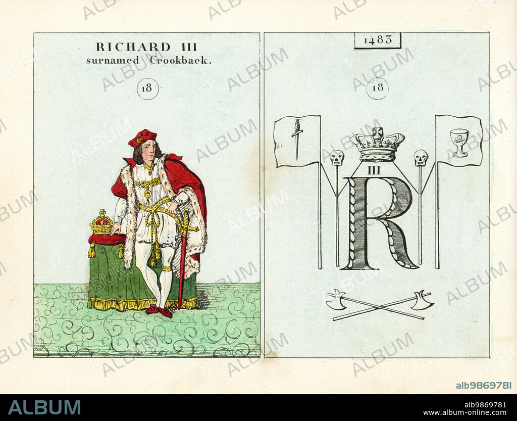 Portrait of King Richard III of England, surnamed Crookback. With cap, ermine mantle, sword and crown. Emblem indicates assassins supporting the crown. Handcoloured steel engraving after an illustration by Mary Ann Rundall from A Symbolical History of England, from Early Times to the Reign of William IV, J.H. Truchy, Paris, 1839. Mary Ann Rundall was a teacher of young ladies in Bath, and published her book of mnemonic emblems in 1815.