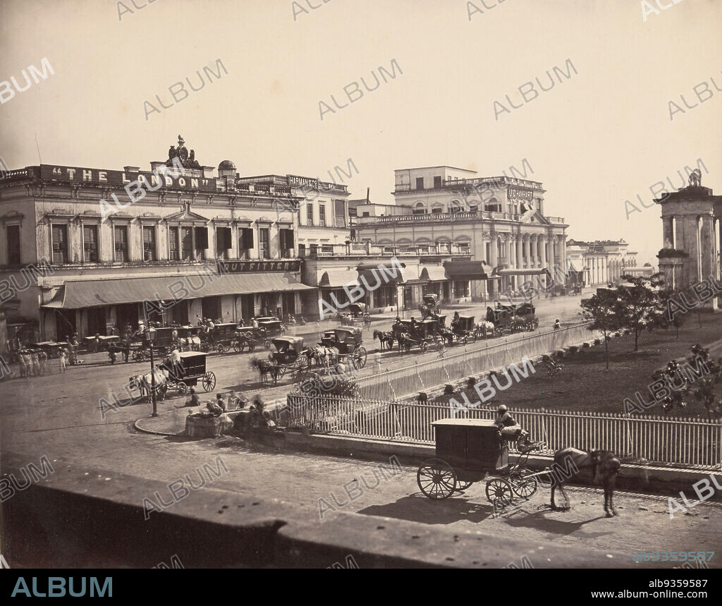 Street view at Kolkata, India, Street, Calcutta (title on object), View of Old Court House Street, now known as Binoy Badal Dinesh Bag Street, in Kolkata in what is now the state of West Bengal. Prominently in view is the Writer's Building with its neoclassical facade designed by Thomas Lyon in 1777. The building was used as headquarters for the writers of the British East India Company, and thus an important workplace for the British in India., Samuel Bourne (attributed to), Kolkata, 1863 - 1867, photographic support, paper, albumen print, height 228 mm × width 290 mmheight 367 mm × width 415 mm.