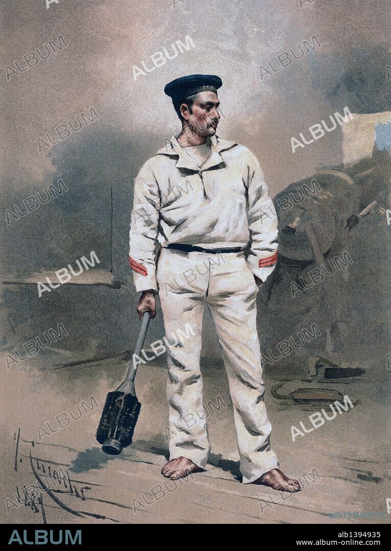JOSEP CUSACHS CUSACHS. Marino de Artillería de Marina con escobillón en la cubierta de un buque. Año 1887.