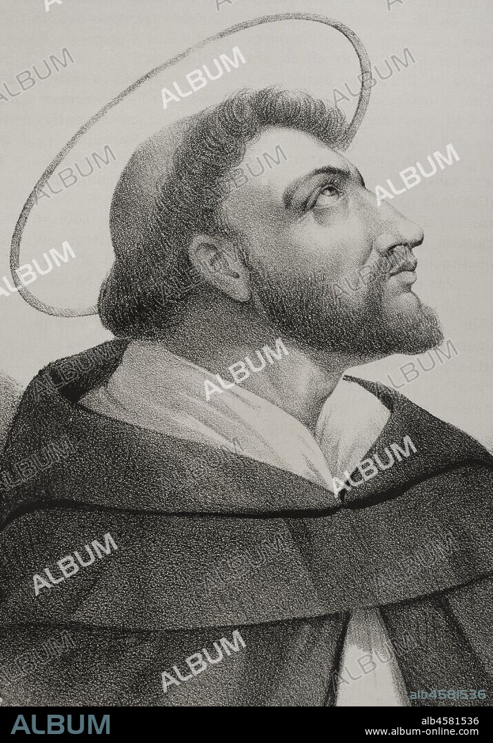 Santo Domingo de Guzman (1170-1221). Religioso español, fundador de la Orden de Predicadores (Orden de los Dominicos). Canónigo regular de Osma. Dibujo por Llanta. Detalle. Litografía. Crónica General de España, Historia Ilustrada y Descriptiva de sus Provincias. Castilla-La Vieja,1870. Biblioteca Histórico Militar de Barcelona, Cataluña, España.
