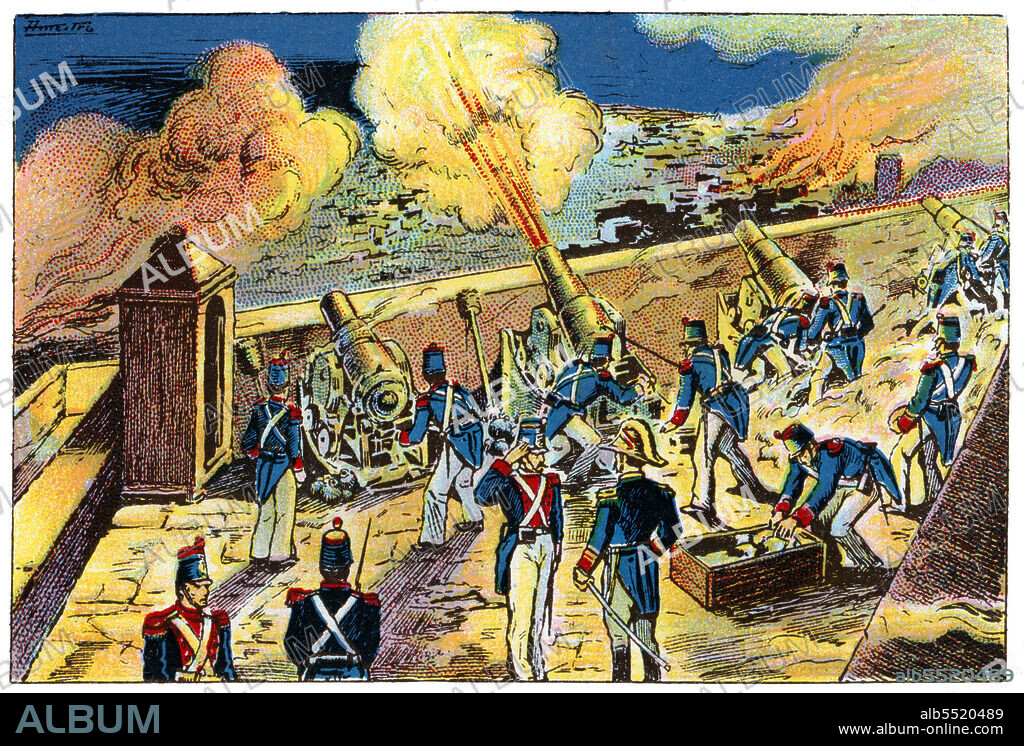 ALBERT MESTRE MORAGAS. Historia de Catalunya. Bombardeo de la ciudad de Barcelona el 3 de diciembre de 1842, hecho producido durante la regencia del general Espartero durante el reinado de Isabel II. Fue ordenado por el Gobierno para acabar con una insurrección que se había iniciado el mes anterior y que había obligado al Ejército a refugiarse en el castillo de Montjuic. Cromo de Xacolata Juncosa. Año 1932.