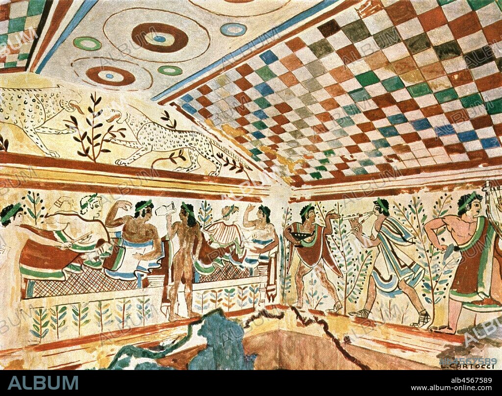 Mural painting in the Leopard's Tomb (Tomba dei Leopardi) at Tarquinia, Italy, (1928). Etruscan burial chamber, 'About 500 B.C...Right corner...Banquet with musicians. Leopards in the pediment'. After a water-colour by L. Cartocci. Plate XXII, fig 59, from "An Encyclopaedia of Colour Decoration from the Earliest Times to the Middle of the XIXth Century" with explanatory text by Helmuth Bossert. [Ernst Wasmuth Ltd., Berlin, 1928].