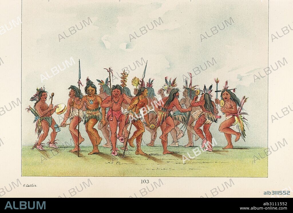 Sioux warriors dancing the Beggar's Dance with lance, tomahawk, pipe and rattle, to a drum beat by a medicine man. Handcoloured lithograph from George Catlin's Manners, Customs and Condition of the North American Indians, London, 1841.