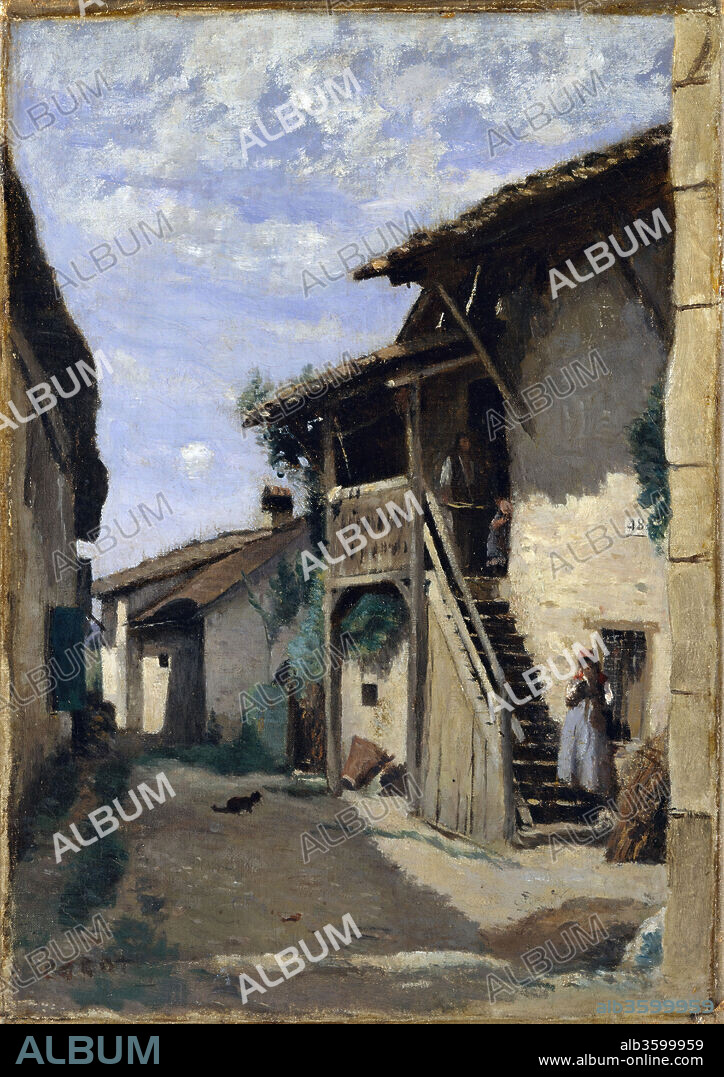 A Village Street: Dardagny. Artist: Camille Corot (French, Paris 1796-1875 Paris). Dimensions: 13 1/2 x 9 1/2 in. (34.3 x 24.1 cm). Date: 1852, 1857, or 1863.
Corot was a tireless traveler, and the extension of the network of French railroads in the 1850s widened the range of his summer journeys. In 1852, 1857, and 1863, he visited Dardagny, a small village near Geneva. This view, essentially unchanged today, was probably painted on Corot's first visit. It is an excellent example of his remarkable ability to derive a poetic scene from a prosaic site.
