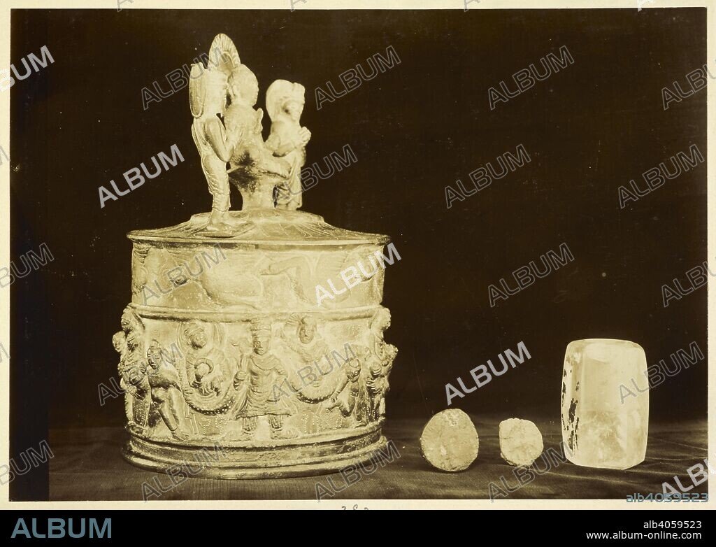 Peshawar. Kanishka casket, crystal reliquary with Buddha's relics, sealing and a coin. Archaeological Survey of India Collections: Director General's Report, 1909-10. 1909-10. Photograph. Source: Photo 1010/8(292).