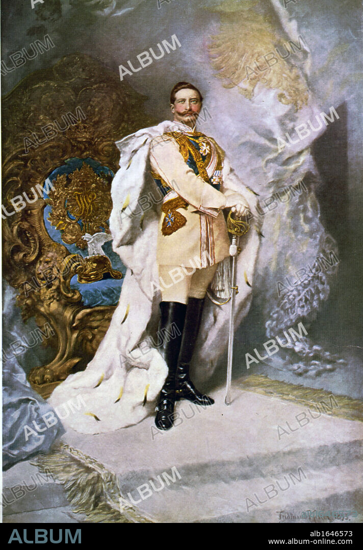 Wilhelm II (1859-1941) Emperor of Germany (1888-1918) full-length portrait in full uniform and ermine robe, standing in front of throne, 1893. Artist, Ferdinand Keller 1842-1922.