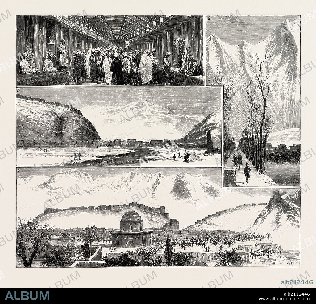 THE CAMPAIGN IN AFGHANISTAN: NOTES AT KABUL: 1. Part of Char Chawk Bazaar. 2. Takht-i-Shah, Cabul Road, from Cabul Bridge. 3. Dehmuzang Gorge, from an Old Bridge across the Cabul River. 4. Bala Hissar and Part of the City from above Deh Afghan.