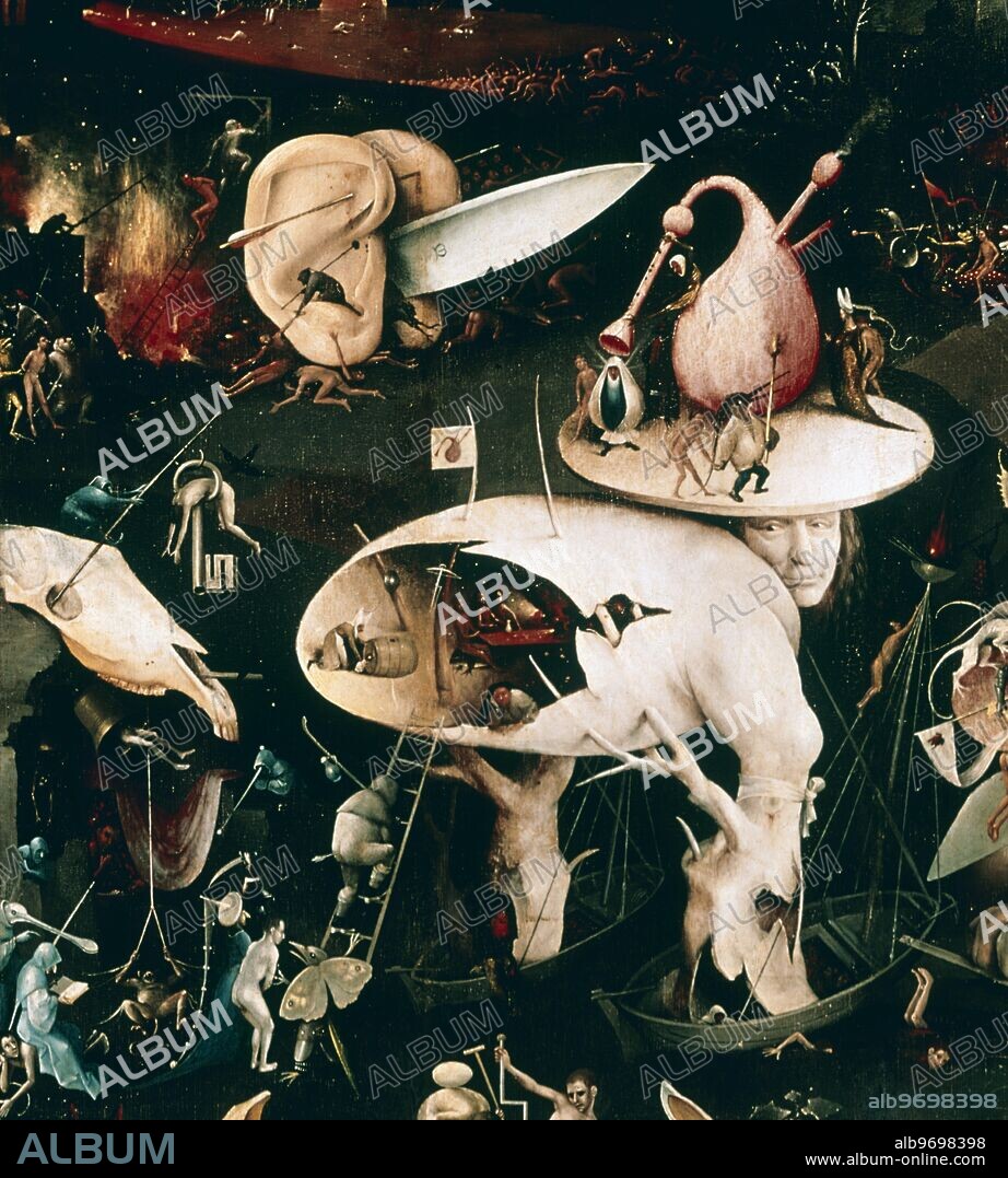 The Garden of Earthly Delights:. Hell, right wing of triptych (detail) c.1500 (oil on panel). Artist Bosch, Hieronymus (c.1450-1516). Location Prado, Madrid, Spain. Hieronymus Bosch, also Jeroen Bosch, Jerome Bosch,(c. 1450 - August, 1516) was a prolific Dutch painter of the 15th and 16th century. Many of his works depict sin and human moral failings. Bosch used images of demons, half-human animals and machines to evoke fear and confusion to portray the evil of man. The works contain complex, highly original, imaginative, and dense use of symbolic figures and iconography, some of which was obscure even in his own time. He is said to have been an inspiration to the surrealism movement in the 20th century. His true name was Jheronimus (or Jeroen) van Aken. The triptych depicts the history of the world and the progression of sin. Beginning on the outside shutters with the creation of the world, the story progresses from Adam and Eve and original sin on the left panel to the torments of hell, a dark, icy, yet fiery nightmarish vision, on the right. The Garden of Delights in the center illustrates a world deeply engaged in sinful pleasures. ©TopFoto.