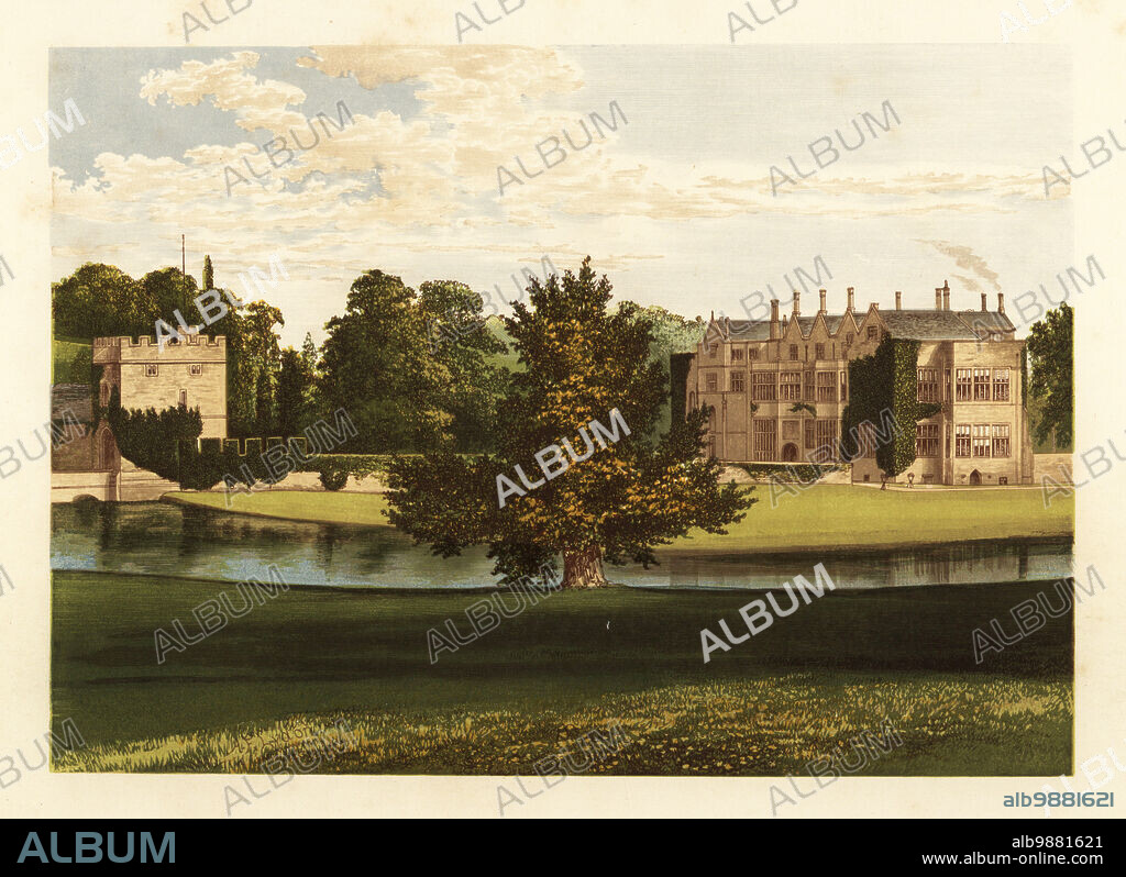 Broughton Castle, Oxfordshire, England. Medieval fortified manor house within a moat, built by Sir John de Broughton in 1300, converted into a Tudor style house by Richard Fiennes in 1554. Renovated by architect Sir George Gilbert Scott in the 19th century. Colour woodblock by Benjamin Fawcett in the Baxter process of an illustration by Alexander Francis Lydon from Reverend Francis Orpen Morriss Picturesque Views of the Seats of Noblemen and Gentlemen of Great Britain and Ireland, William Mackenzie, London, 1880.