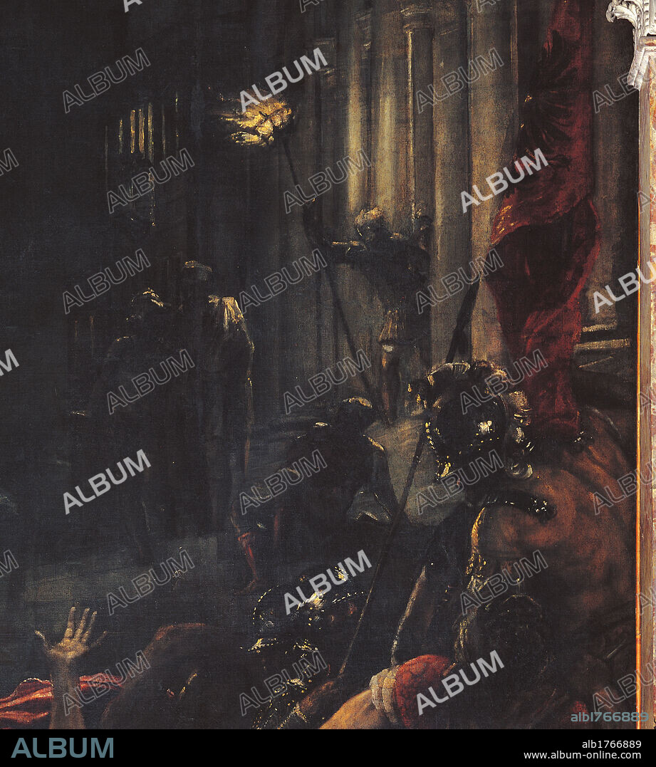Martyrdom of St Lawrence, by Tiziano Vecellio known as Titian, 1551-1559 about, 16th Century, oil on canvas, cm 493 x 277. Italy, Veneto, Venice, Gesuiti Church. Detail. Colonnade torches soldiers night banner.