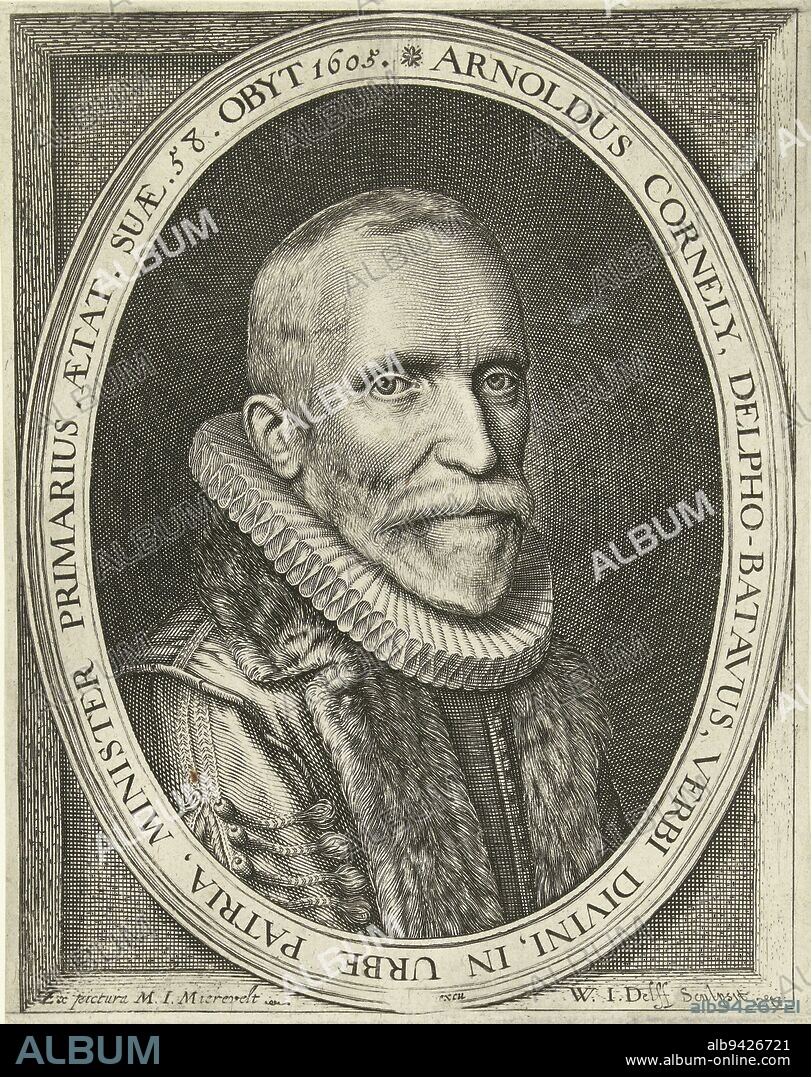 Portrait of preacher Arnold Cornelisz. Crusius at age 58, breastpiece with mill collar and gown in oval frame with Latin inscription. In lower margin two praise poems, in Latin and Dutch, printed in six lines with separate plate, Portrait of preacher Arnold Cornelisz. Crusius at age 58, print maker: Willem Jacobsz. Delff, (mentioned on object), after: Michiel Jansz van Mierevelt, (mentioned on object), Delft, 1610, paper, engraving, h 259 mm × w 141 mm.