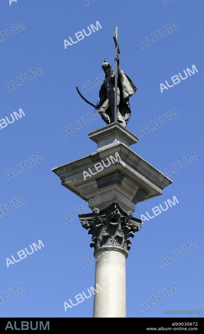 Photograph of Sigismund's Column (Kolumna Zygmunta), originally erected in 1644, is located in Castle Square, Warsaw, Poland and is one of Warsaw's most famous landmarks. The column and statue commemorate King Sigismund III Vasa, who in 1596 had moved Poland's capital from Kraków to Warsaw. Dated 21st Century.