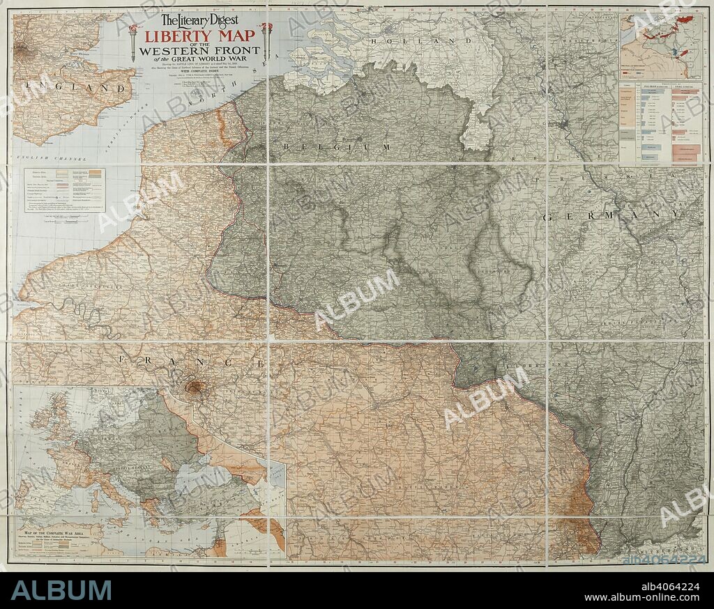 A map of the 'Western front' during the First World War. It covers mostly France, Belgium, Holland and Germany. The Literary Digest Liberty Map of the Western Front of the Great World War ... with complete index. Natural scale, 1 : 500,000. New York : Funk & Wagnalls, 1918. Source: Maps.14317.(90).
