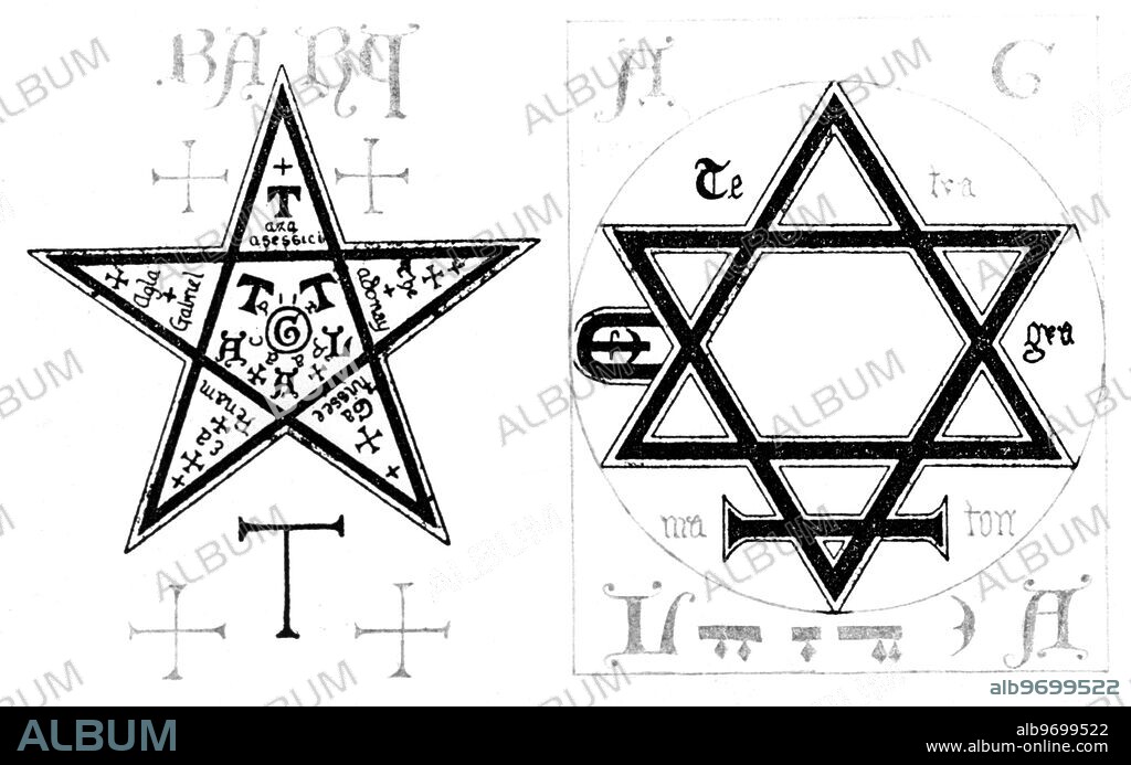 GRIMOIRES - MAGIC SYMBOLS - AGLA. The Pentagram (left) and the amended Seal of Solomon (right) from an English grimoire of the 16th century. Both forms include the word Agla, but it is the one to the right which displays the four-letter word in the four corners, and thus magically links it with the four directions of space. The Agla is an acronym, derived from the Hebrew phase, Atha gibor leolam Adonai [Thous art mighty for ever, O Lord]. The sacred name of God (Jehovah) is broken into five constituents in the right hand figure, as Te tra grama ton is the Greek name for the four-letter Hebrew name of God, Jehovah. This means that the entire figure is a play on the numbers 1 (the circle), the number 2 (the two triangles from which the Seal of Solomon is constructed), the number 3 (the constituent triangles), the number 4 (the AGLA and the Tetragrammaton proper), the number 5 [the division of the Tetragrammaton) and the number 6 (in the six-pointed star). It is this numerology which probably explains why there is a horizontal line in the bottom of the figure, for this offers seven (the number 7) straight lines in the make up of the figure.