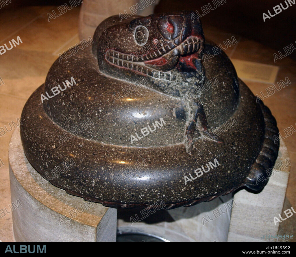 Granite carving of a serpent: Aztec, AD 1325-1521 from Mexico. The serpent played a key role in Aztec religion and was represented in a variety of forms. The majority of the serpents represented in Aztec sculpture are rattlesnakes.