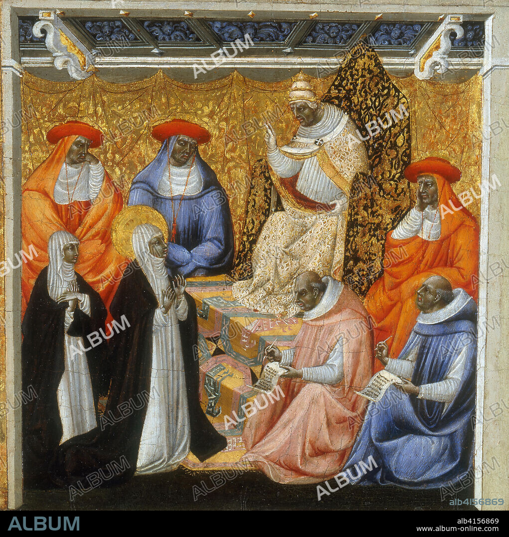 Giovanni di Paolo (Siena, c. 1399-1482). Santa Catalina ante el Papa en Aviñón (hacia 1460 - 1463). Temple y oro sobre tabla. 29 x 29 cm.
